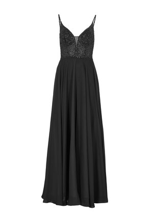 Abito lungo nero con corpetto aderente decorato con paillettes, scollo a V e spalline sottili; gonna fluida e levigata.