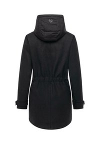 Svart kappa med en puffig huva, elastisk midja och knappade ärmslut. Slät textil med en ren silhuett, utformad för värme och komfort.