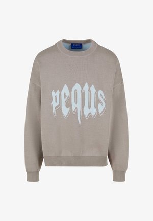 Beige knitted sweater with a round neck, long sleeves, ribbed cuffs, and a large pale blue graphic text design on the front.