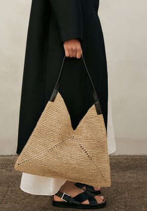 RAFFIA  WITH FLAT LEATHER HANDLE  - Handtas - beige