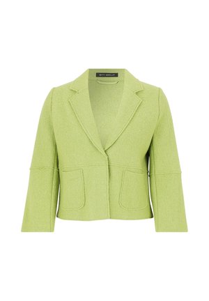 Lichtgroene cropped blazer van textuurstof, met een notch-kraag, twee voorzakken en driekwart mouwen.