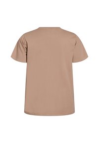 Kurzärmliges T-Shirt mit Rundhalsausschnitt in einem einheitlichen hellbraunen Farbton. Hergestellt aus weichem Stoff mit glatter Textur und lockerem Schnitt.