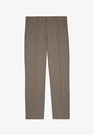 Pantalons de costume marron clair en tissu texturé. Comprend des poches avant, des jambes droites et des passants de ceinture. Design ajusté avec une finition classique.