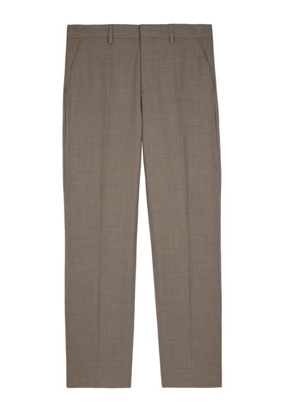 Pantalones de vestir marrón claro hechos de tela texturizada. Presentan bolsillos frontales, piernas rectas y trabillas para cinturón. Diseño entallado con un acabado clásico.