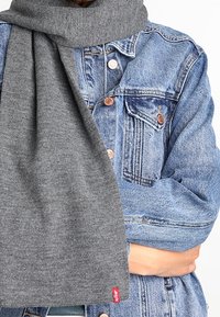 Personne portant une veste en jean bleu clair avec des boutons en cuivre et une grande écharpe grise en tricot enroulée autour du cou.