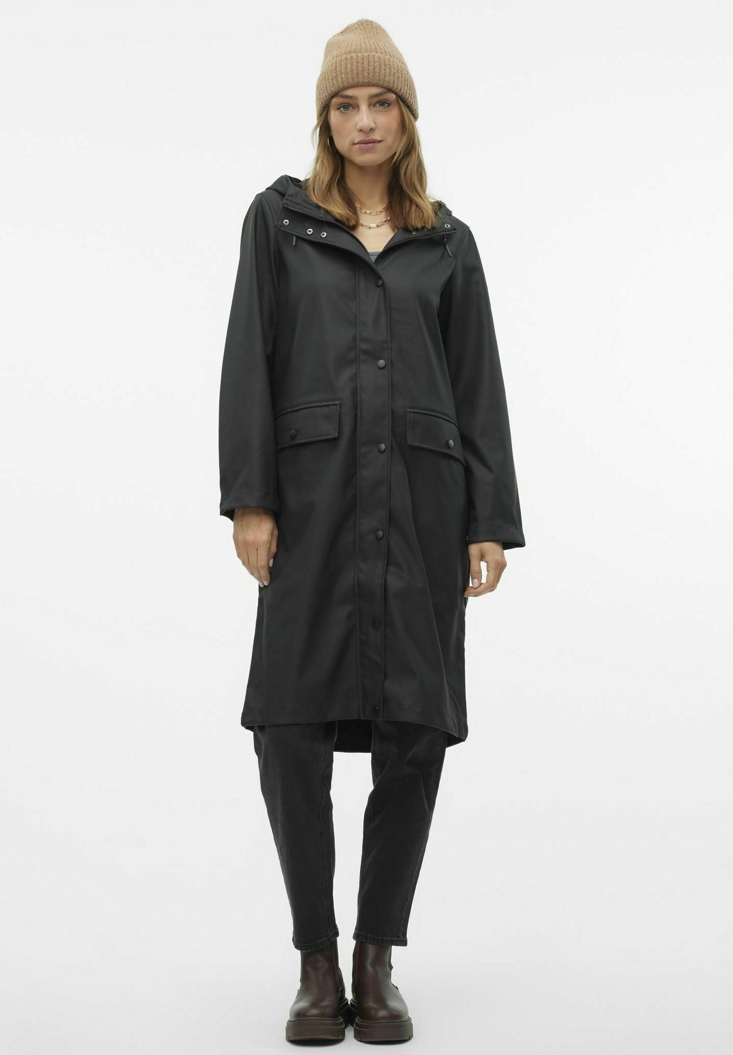 VERO MODA Damen Jacke – Einfarbig, Mit Reverskragen Und Knopfverschluss, Lang Mit Seitentaschen