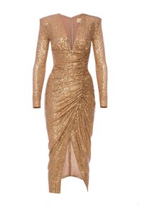 Lśniąca złota sukienka z cekinami, z głębokim dekoltem w kształcie V, dopasowanym krojem, długimi rękawami i rozcięciem z przodu dla dodatkowej elegancji.