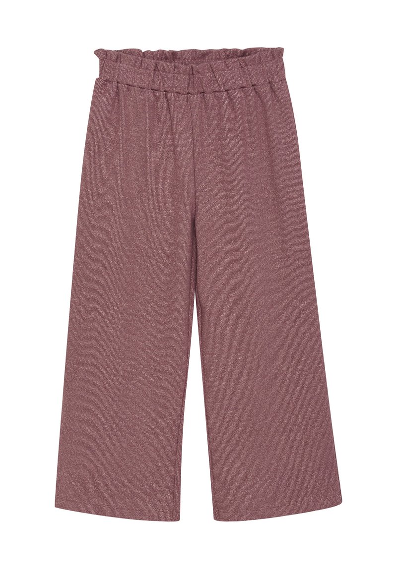 Weite Hosen aus einem weichen, strukturierten mauvefarbenen Stoff mit einem elastischen, rüschigen Bund und einer lockeren Passform. Keine Taschen oder sichtbaren Beschläge.