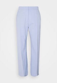 Ljusblå skräddarsydda byxor med raka ben, slät textur och flat front. Har en midja utan synliga stängningar.