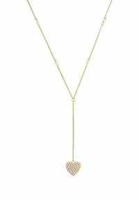 Guldtonad halsband med en delikat kedja, prydd med spridda små vita pärlor och en hjärtformad hängsmycke dekorerad med vita stenar.