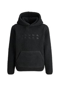 Hoodie en polaire noire avec une surface texturée, dotée d'une grande poche avant et d'une capuche à cordon. Logo "Jack & Jones" sur la poitrine.