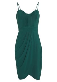 Grünes ärmelloses Kleid mit pleatedem Oberteil und drapiertem Frontdetail. Hergestellt aus glattem Stoff; verfügt über dünne verstellbare Träger und eine taillierte Passform.