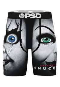 Boxer neri con stampa della faccia di una bambola con occhi blu e verdi, accompagnata dal testo "BRIDE OF CHUCKY" in rosso.
