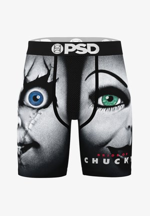 Boxers noirs avec un motif imprimé du visage d'une poupée aux yeux bleus et verts, accompagné du texte « BRIDE OF CHUCKY » en rouge.