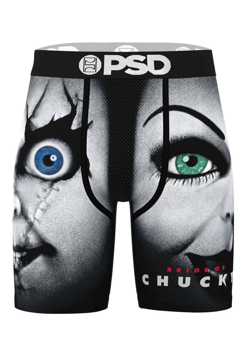 Boxer neri con stampa della faccia di una bambola con occhi blu e verdi, accompagnata dal testo "BRIDE OF CHUCKY" in rosso.