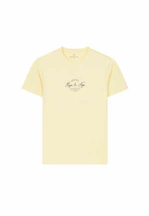 T-shirt giallo pallido a maniche corte con scollo rotondo e piccolo logo testuale nero centrato sul davanti con la scritta "Henley Harper & Neysa".