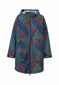 Kapsáčová bunda s kapucí a celoplošným zipem, dvě kapsy na zip a vícero barevný abstraktní kruhový vzor v modré, červené, zelené a bílé.