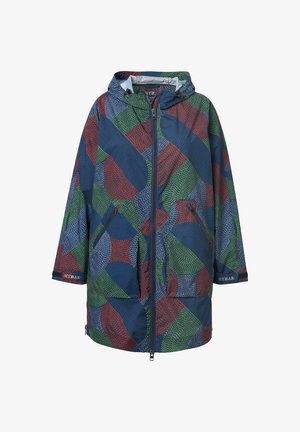 Veste à capuche avec fermeture éclair sur le devant, deux poches zippées et motif circulaire abstrait multicolore en bleu, rouge, vert et blanc.