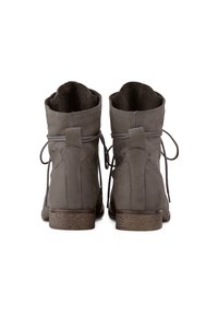 Botas de tobillo de cuero gris con un forro interior suave, diseño de cordones, punta redondeada y tacón de madera apilada.