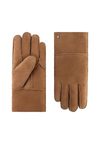 Light brown leather gloves with a smooth texture, featuring a seam detail on the back and a snap button on the wrist for closure.