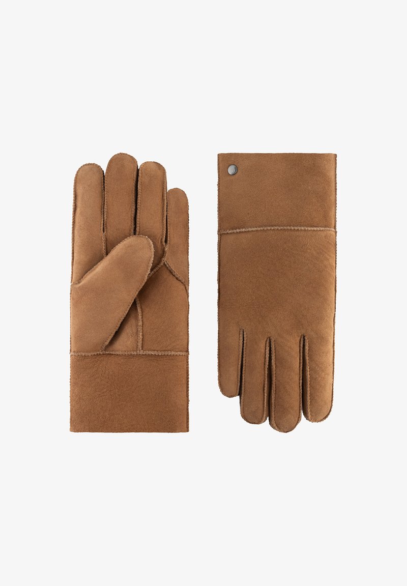 Light brown leather gloves with a smooth texture, featuring a seam detail on the back and a snap button on the wrist for closure.