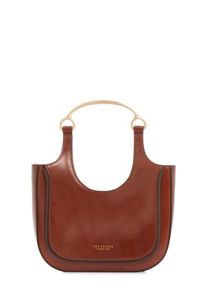Borsa tote in pelle marrone con parte superiore curva, manico in metallo dorato e logo "The Bridge Firenze 1969" impresso sul davanti.