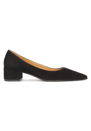 Black suede block-heel pump with a pointed toe, featuring a smooth texture and minimalistic design, suitable for formal or casual wear.