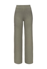 Weite, olivgrüne Hosen aus einem weichen, elastischen Material. Mit einem hohen Taillenbund und einer glatten, unverzierten Oberfläche.