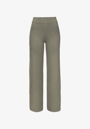 Weite, olivgrüne Hosen aus einem weichen, elastischen Material. Mit einem hohen Taillenbund und einer glatten, unverzierten Oberfläche.