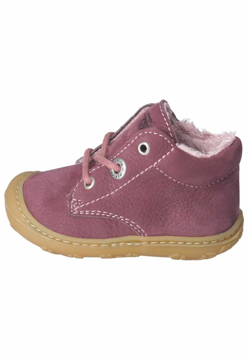 Pink leather boot with a soft fur lining, round toe, and contrasting beige rubber sole. Features stitched detailing and metal eyelets.