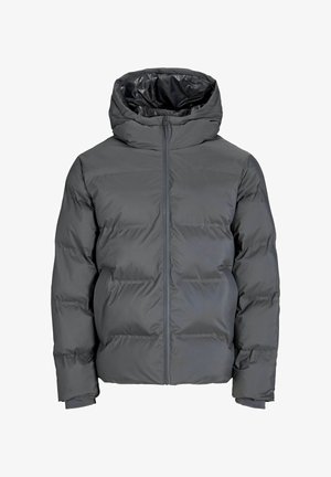 Donkergrijze gewatteerde jack met een hoge kraag, rits aan de voorkant en twee zijzakken, ontworpen voor koud weer.