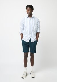 Chemise boutonnée rayée bleu clair et blanche avec des manches longues, assortie à un short vert foncé. Des baskets et des chaussettes blanches complètent le look.