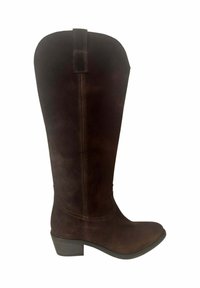 Bota alta hasta la rodilla de ante marrón con punta redonda, tacón apilado y detalles de costura visibles. Textura suave y parte superior del caña ancha con una lengüeta para tirar.