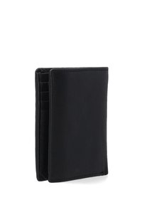 Sort læderpung med et slankt design, flere kortlommer, glat tekstur og syede kanter. Kompakt og funktionel.