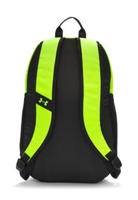 Zaino nero con accenti giallo-verdi brillanti, dotato di spallacci imbottiti, maniglia superiore e tasche laterali in rete per riporre oggetti.