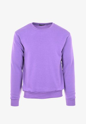 Felpa a girocollo viola realizzata in morbido tessuto, con maniche lunghe, polsini e orlo a costine, caratterizzata da una superficie liscia e uniforme.