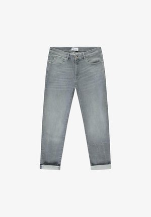 Grijze spijkerbroek van denim met een ontspannen pasvorm, omgeslagen zomen, voorzakken en subtiele vervaging. Voorzien van een knoop- en ritssluiting, klassiek ontwerp met vijf zakken.