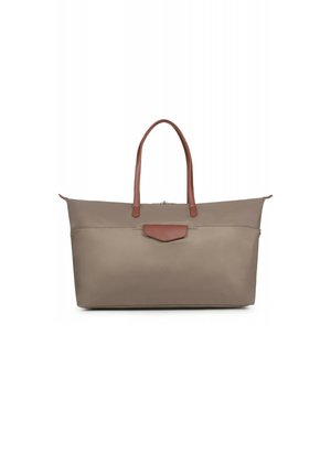 Borsa a tracolla grigia con una texture liscia, manici in pelle marrone e dettagli in pelle. Presenta una chiusura con zip e una tasca con patta sul davanti.