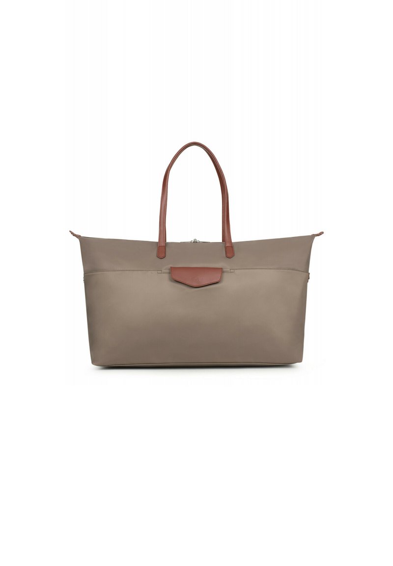 Borsa a tracolla grigia con una texture liscia, manici in pelle marrone e dettagli in pelle. Presenta una chiusura con zip e una tasca con patta sul davanti.