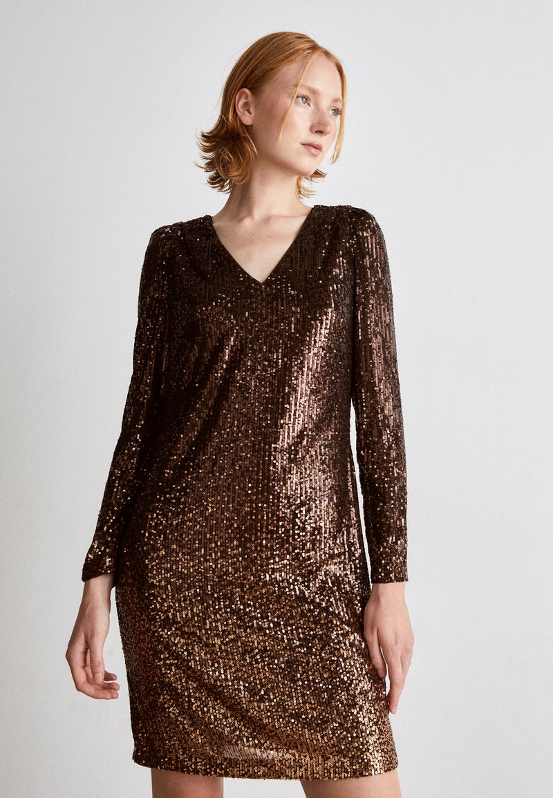 DKNY V NECK SEQUIN SHEATH Cocktail dress / Party dress copper/cocoa