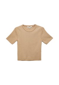 Camiseta de manga corta beige confeccionada con tejido texturizado, con cuello redondo y un corte cuadrado, ideal para combinar en capas o para un look casual.