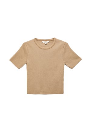 Camiseta de manga corta beige confeccionada con tejido texturizado, con cuello redondo y un corte cuadrado, ideal para combinar en capas o para un look casual.