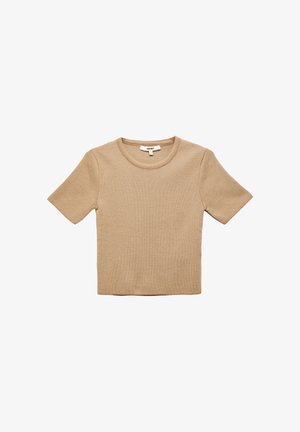 Korte mouwen beige top gemaakt van gestructureerde stof, met een ronde hals en een boxy fit, ideaal voor lagen of casual draag.