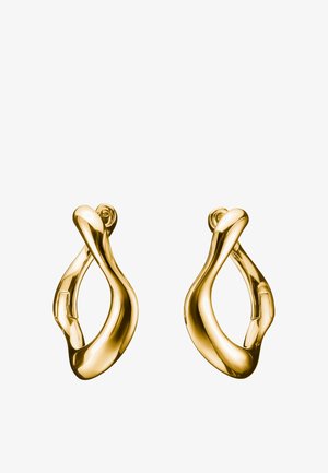 Boucles d'oreilles en ton doré présentant un design abstrait fluide avec des formes tournoyantes et une finition polie. Des centres ouverts ajoutent de la profondeur et de l'intérêt.