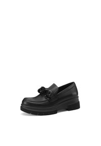 Scarpa in pelle nera stile mocassino con suola spessa, dotata di una fascia decorativa di perline sulla parte anteriore e superficie liscia.