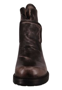 Schwarze Leder-Ankle-Boots mit einer glatten, glänzenden Oberfläche, runder Zehenpartie und einem leichten Absatz. Minimalistisches Design ohne sichtbare Beschläge oder Muster.