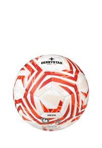 Roter und weißer Fußball mit geometrischen Mustern und einer strukturierten Oberfläche. Mit "DERBYSTAR"-Markenlogo und einem hexagonalen Design.
