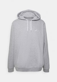 Felpa grigia con cappuccio realizzata in misto cotone, caratterizzata da una tasca frontale, lacci bianchi e un discreto logo ricamato sul petto.