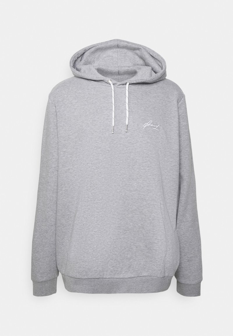 Felpa grigia con cappuccio realizzata in misto cotone, caratterizzata da una tasca frontale, lacci bianchi e un discreto logo ricamato sul petto.