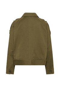 Braune kurze Jacke mit geknöpften Manschetten und Schulterklappen, von hinten vor weißem Hintergrund gezeigt.